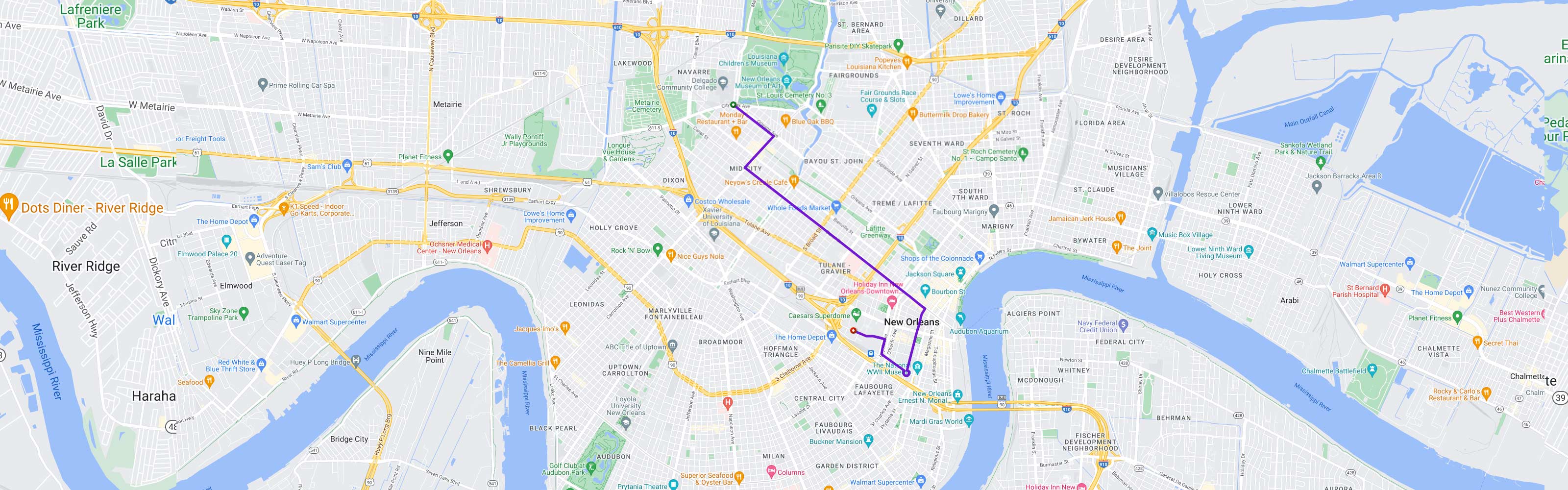 Krewe of Endymion parade route map through Mid-City